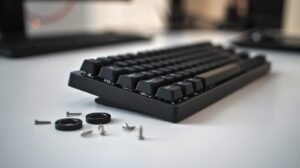 “Burger mount com O-rings nos parafusos para deixar teclado tray mount mais macio”