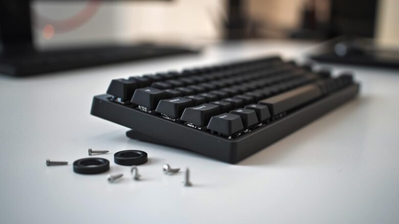 “Burger mount com O-rings nos parafusos para deixar teclado tray mount mais macio”